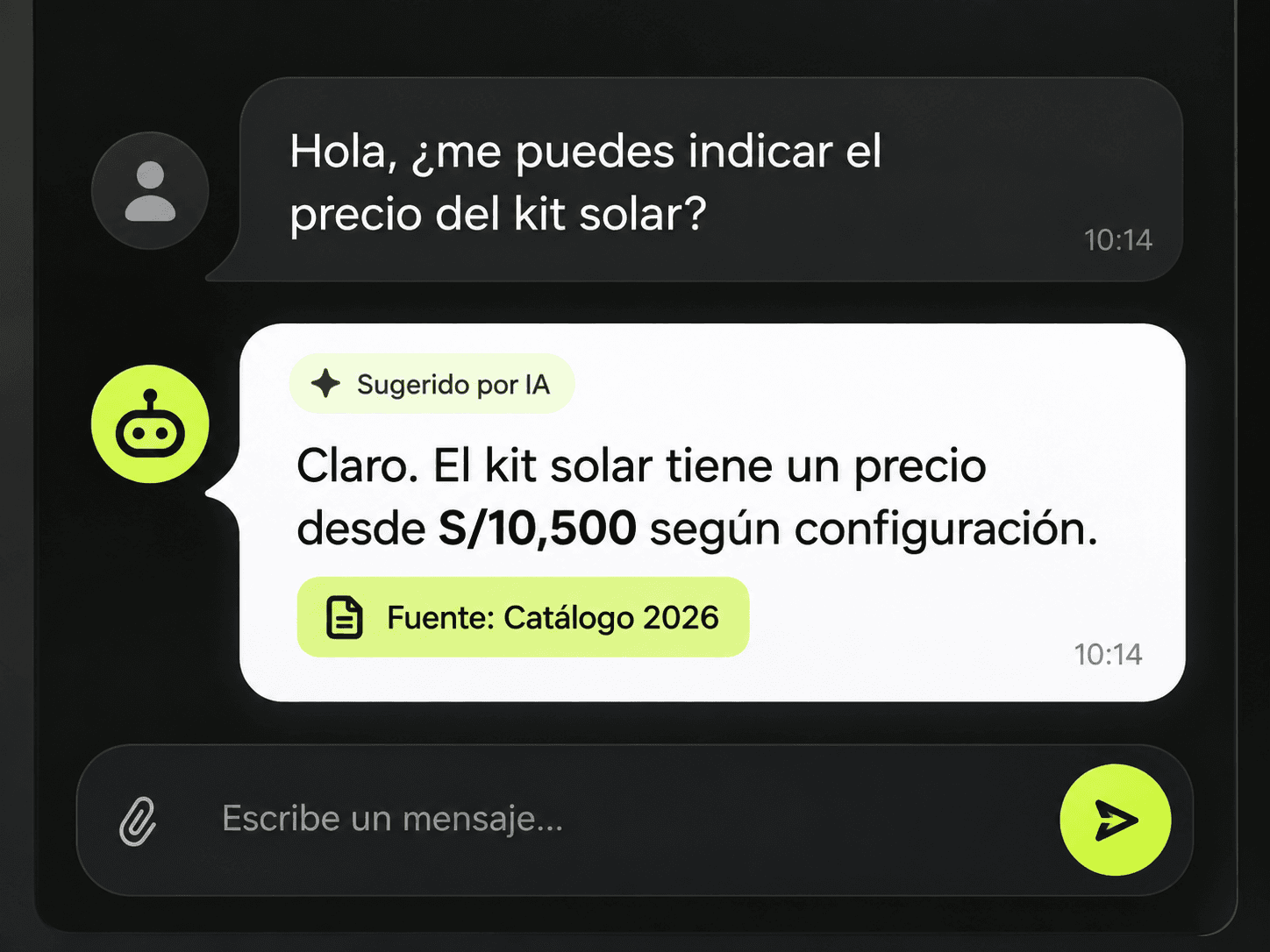 Chat donde la IA responde el precio de un kit solar y cita la fuente: Catálogo 2026